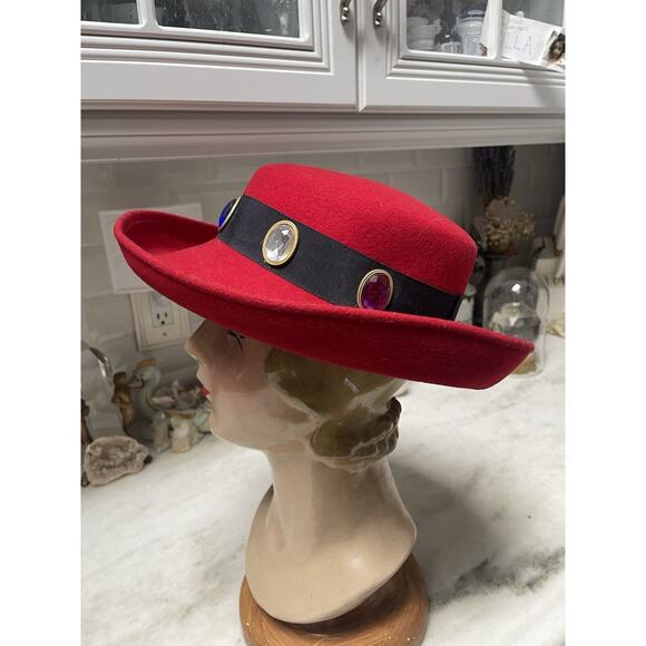 Vintage Red Felt Rhinestone Red Purple Blue Clear Green Hat 1980’s Jody Watley main image 4